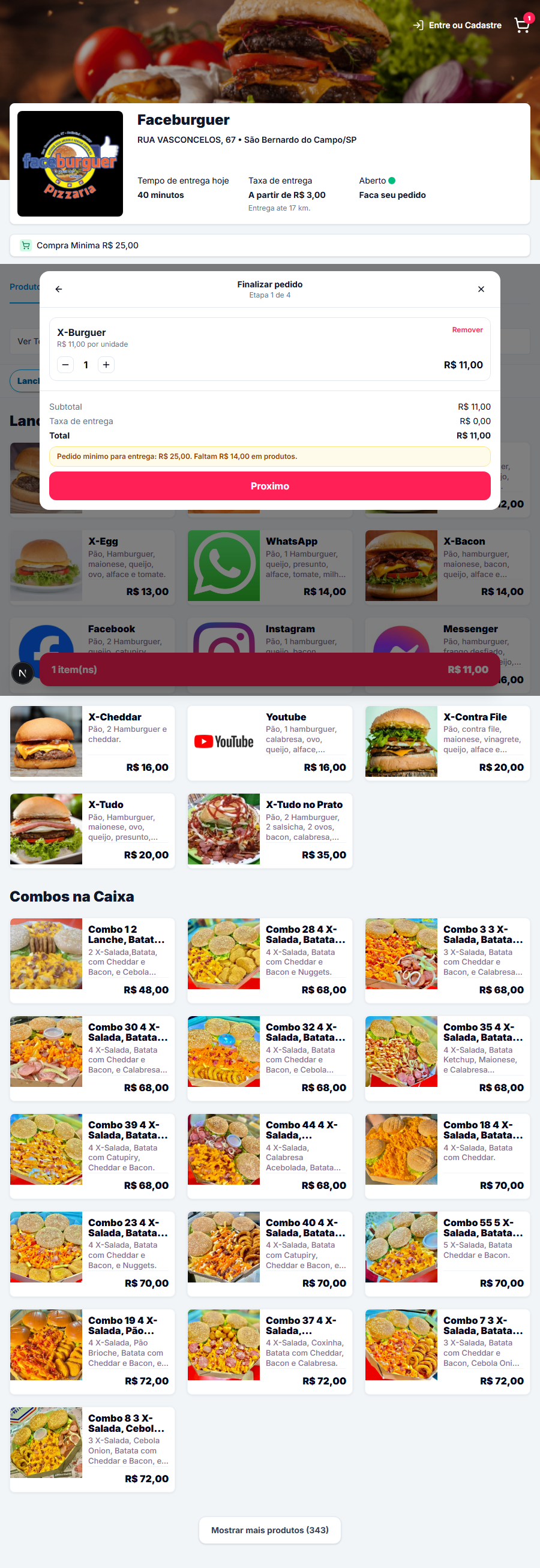 Checkout do cardápio online no R&C Burguer